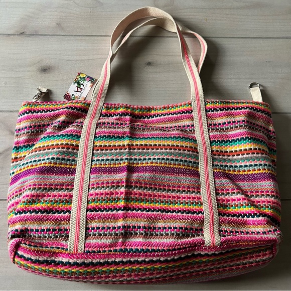 NWT America and Beyond Flamingo Bird Toucan Beaded Pom Embroidered Beach Tote - Picture 4 of 9